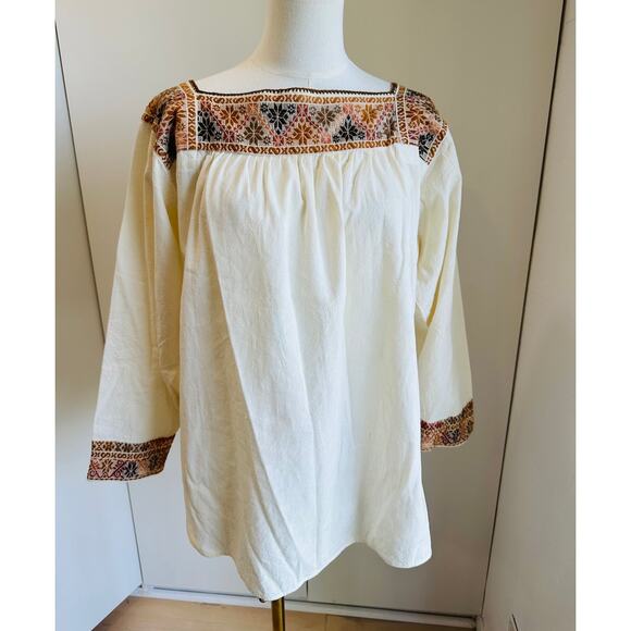 Vintage 70s Peasant Blouse Boho Hand Embroidered Cotton Folk Festival Shirt SZ M - Picture 2 of 13